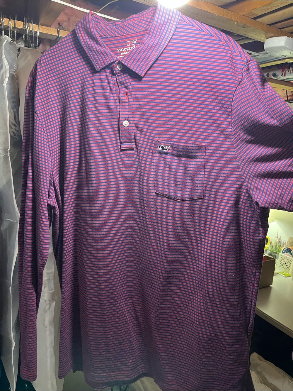 Vineyard Vines Men’s Purple and Navy Striped Long-Sleeve Polo